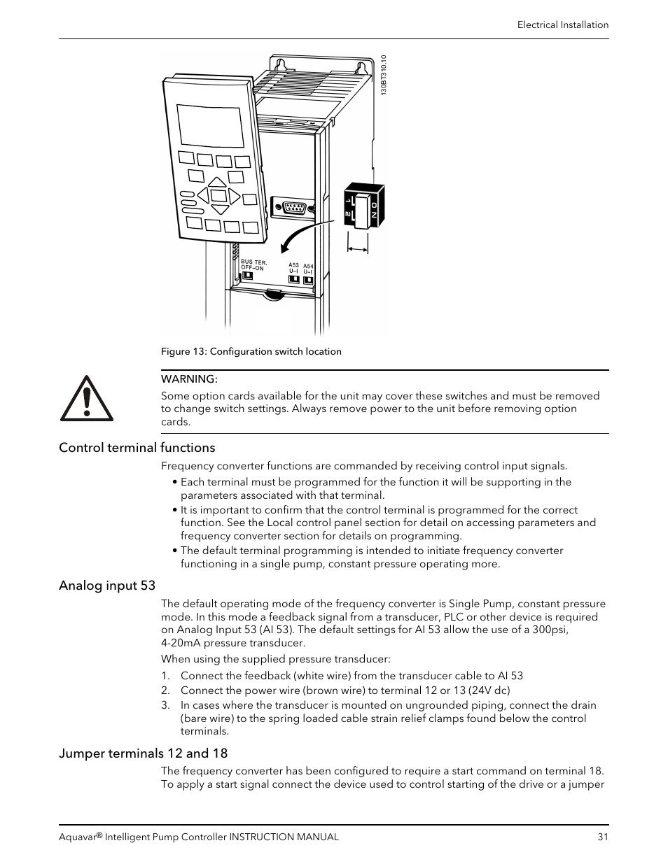 Control terminal functions, Analog input 53, Jumper terminals 12 and 18 | Xylem IM255 AQUAVAR Intelligent Pump Controller User Manual | Page 33 / 148