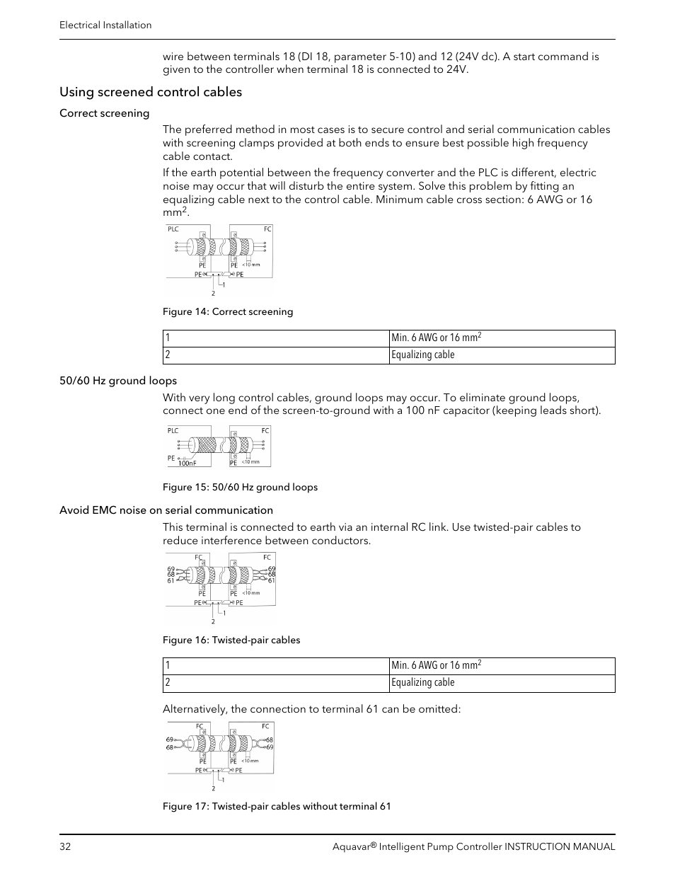Using screened control cables | Xylem IM255 AQUAVAR Intelligent Pump Controller User Manual | Page 34 / 148