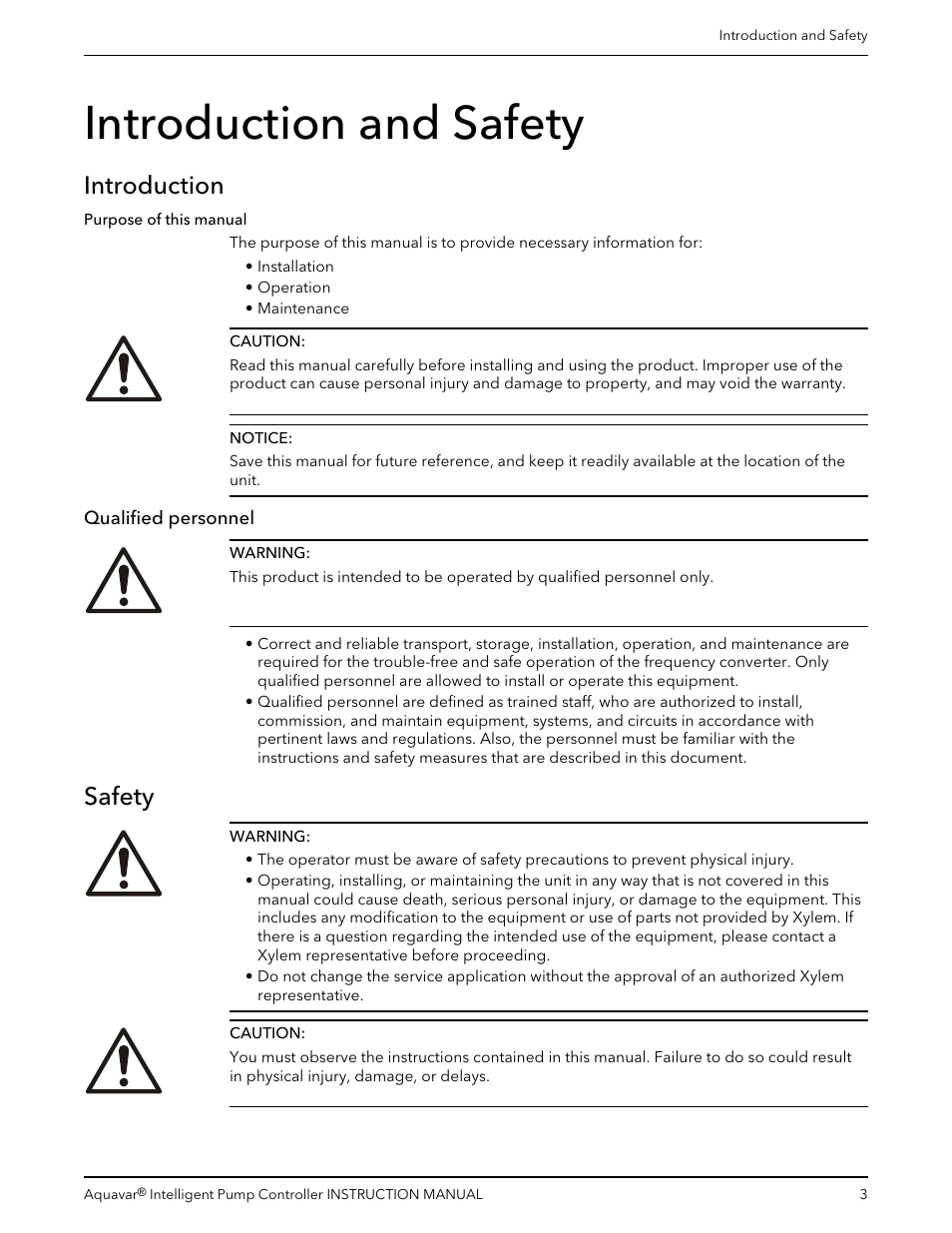 Introduction and safety, Introduction, Qualified personnel | Safety | Xylem IM255 AQUAVAR Intelligent Pump Controller User Manual | Page 5 / 148