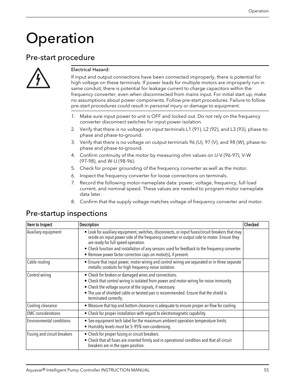 Operation, Pre-start procedure, Pre-startup inspections | Pre-start procedure pre-startup inspections | Xylem IM255 AQUAVAR Intelligent Pump Controller User Manual | Page 57 / 148