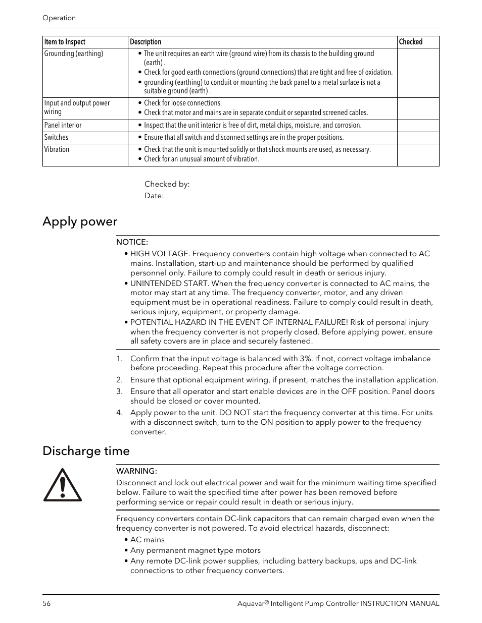 Apply power, Discharge time, Apply power discharge time | Xylem IM255 AQUAVAR Intelligent Pump Controller User Manual | Page 58 / 148