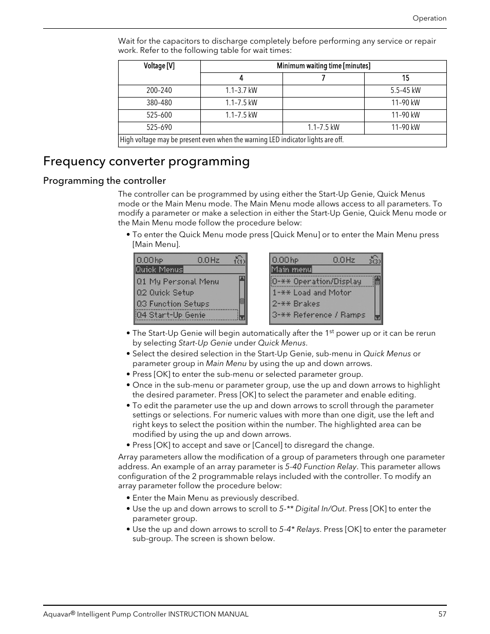 Frequency converter programming, Programming the controller | Xylem IM255 AQUAVAR Intelligent Pump Controller User Manual | Page 59 / 148