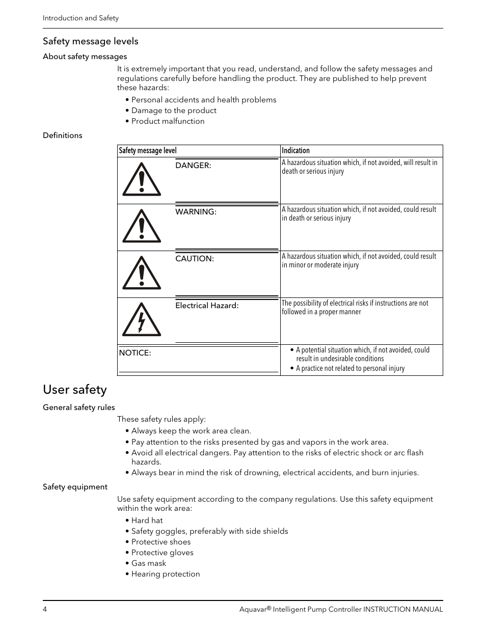 Safety message levels, User safety | Xylem IM255 AQUAVAR Intelligent Pump Controller User Manual | Page 6 / 148