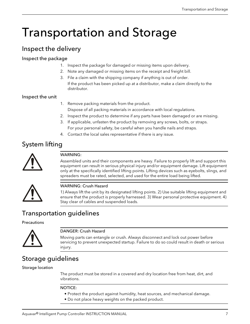 Transportation and storage, Inspect the delivery, Inspect the package | Inspect the unit, System lifting, Transportation guidelines, Storage guidelines, Inspect the package inspect the unit | Xylem IM255 AQUAVAR Intelligent Pump Controller User Manual | Page 9 / 148