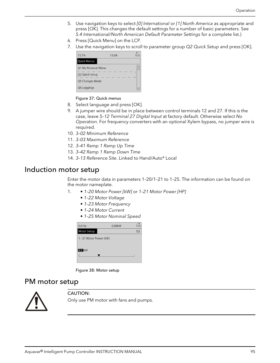 Induction motor setup, Pm motor setup, Induction motor setup pm motor setup | Xylem IM255 AQUAVAR Intelligent Pump Controller User Manual | Page 97 / 148