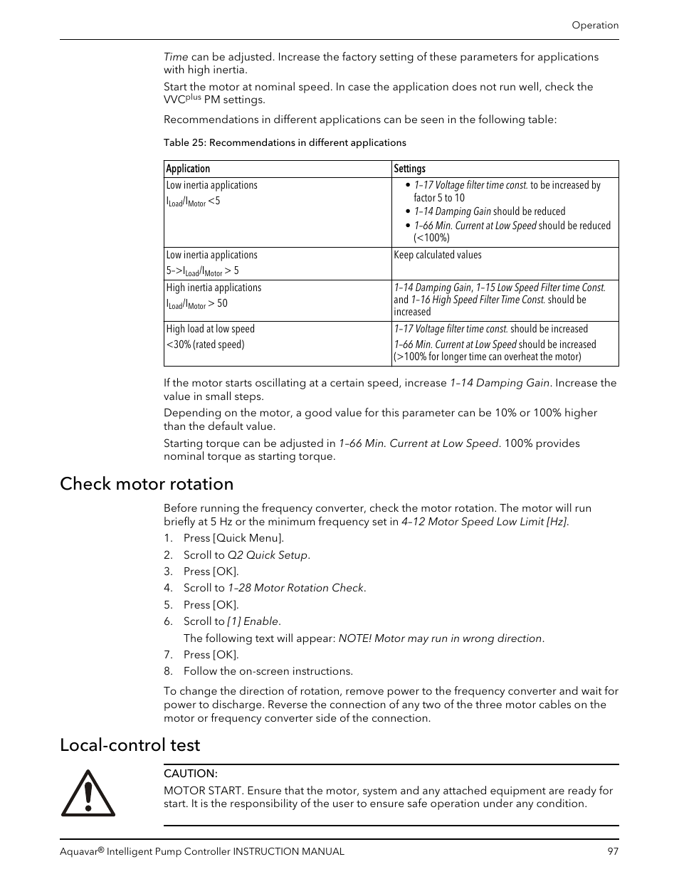Check motor rotation, Local-control test, Check motor rotation local-control test | Xylem IM255 AQUAVAR Intelligent Pump Controller User Manual | Page 99 / 148