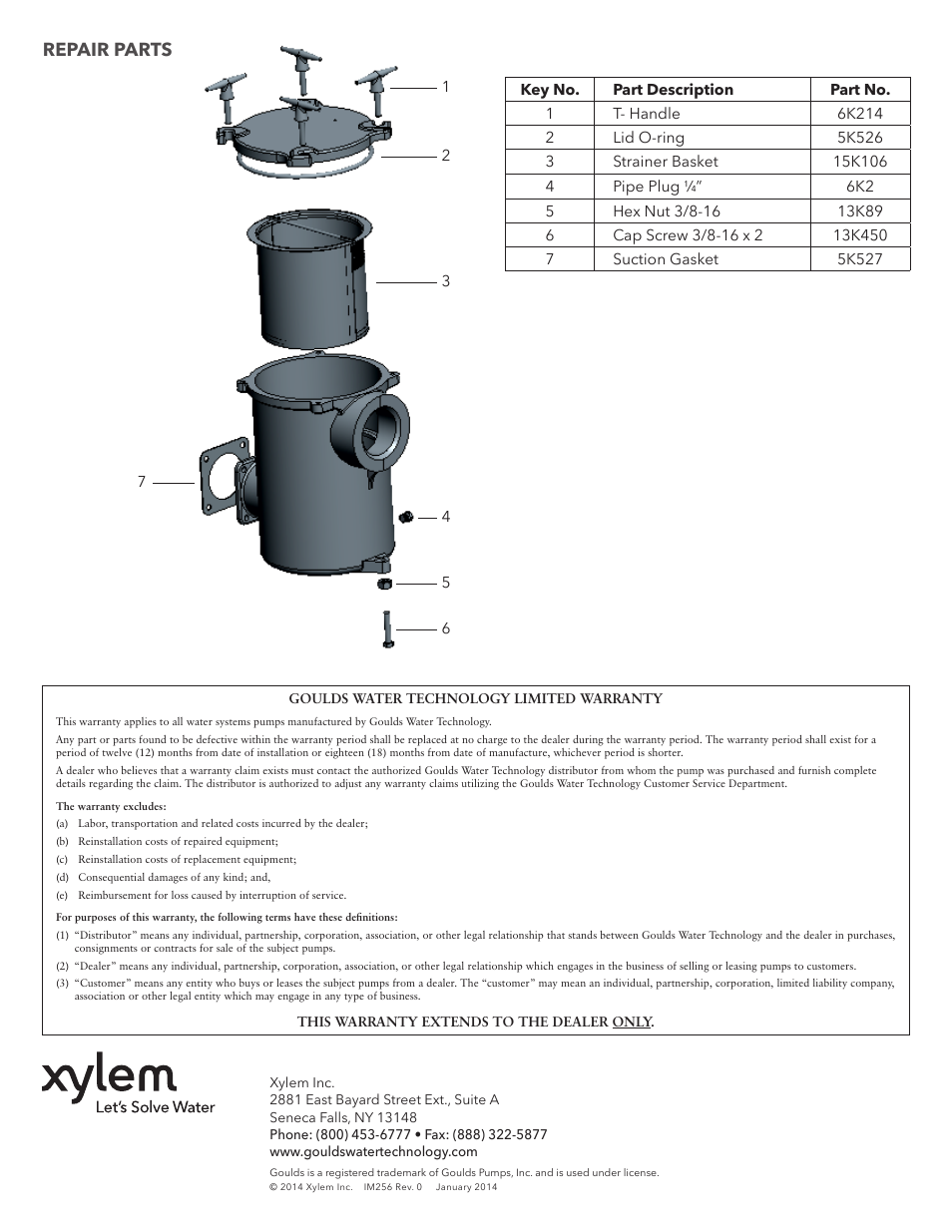 Repair parts | Xylem IM256R00 SPS83 Prime Line Suction Strainer User Manual | Page 4 / 4
