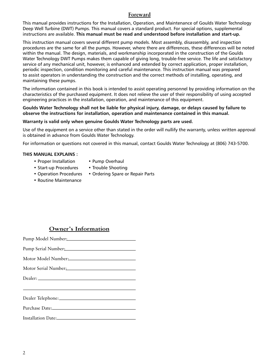 Xylem IMDWT R02 Model DWT Deep Well Turbine Pumps User Manual | Page 2 / 28