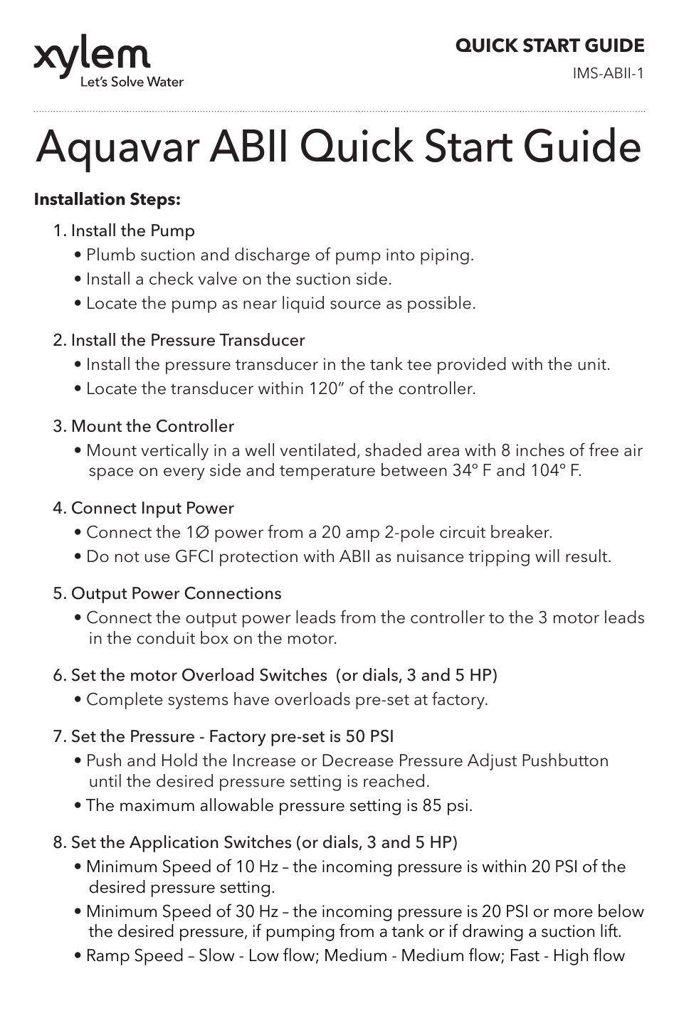Xylem IMS ABII 1 Aquavar ABII Quick Start Guide User Manual | 4 pages