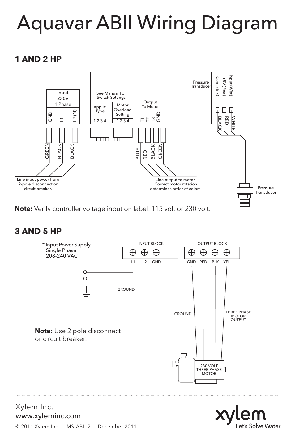 Aquavar abii wiring diagram, 1 and 2 hp 3 and 5 hp | Xylem IMS ABII 1 Aquavar ABII Quick Start Guide User Manual | Page 4 / 4