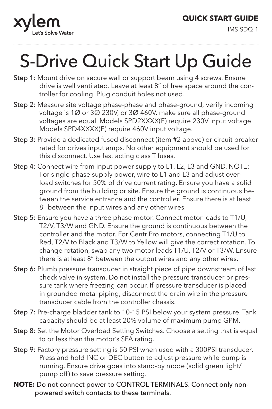 Xylem IMS SDQ 1 S-Drive Quick Start Up Guide User Manual | 4 pages