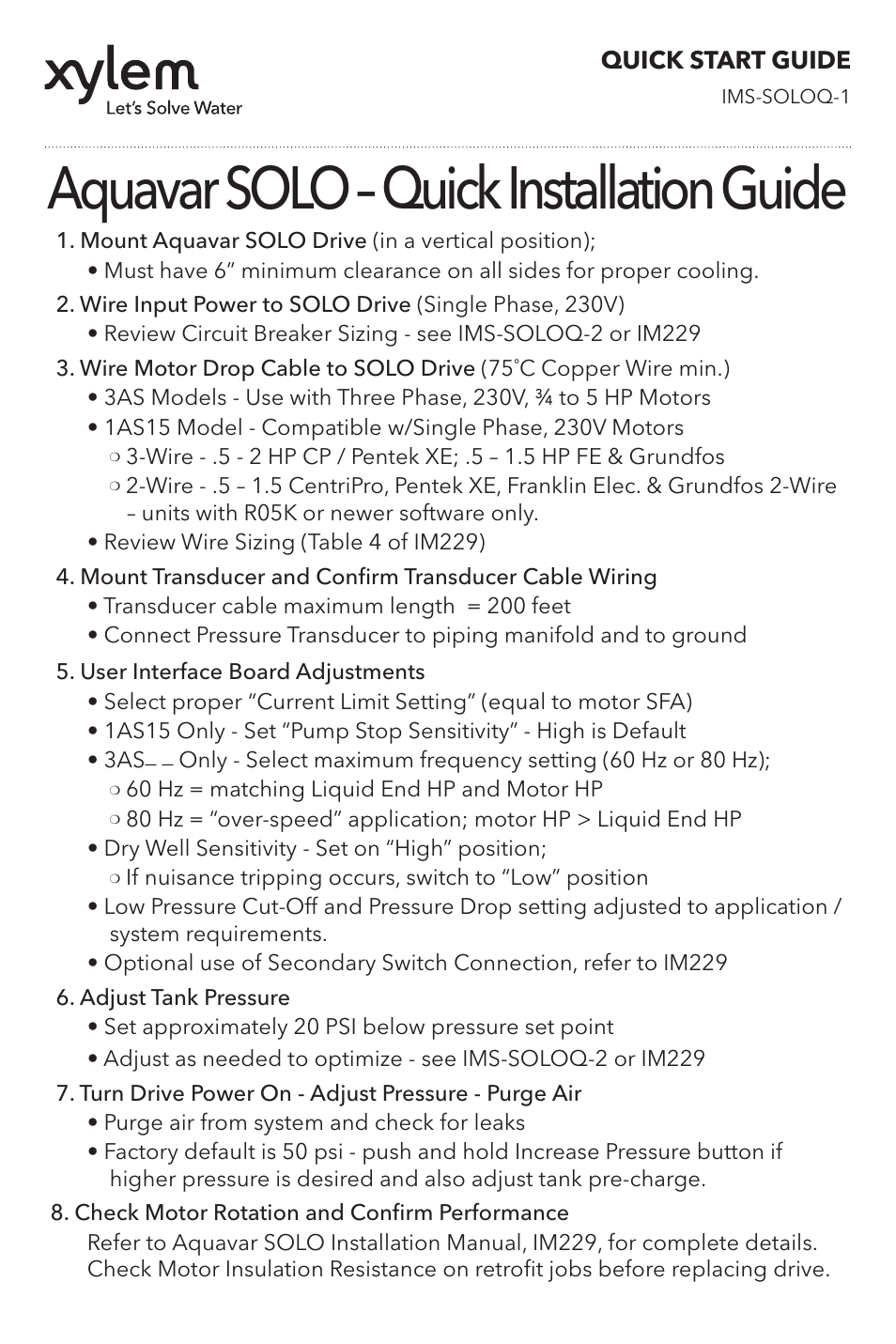 Xylem IMS SOLOQ 1 Aquavar SOLO Quick Installation Guide User Manual | 6 pages