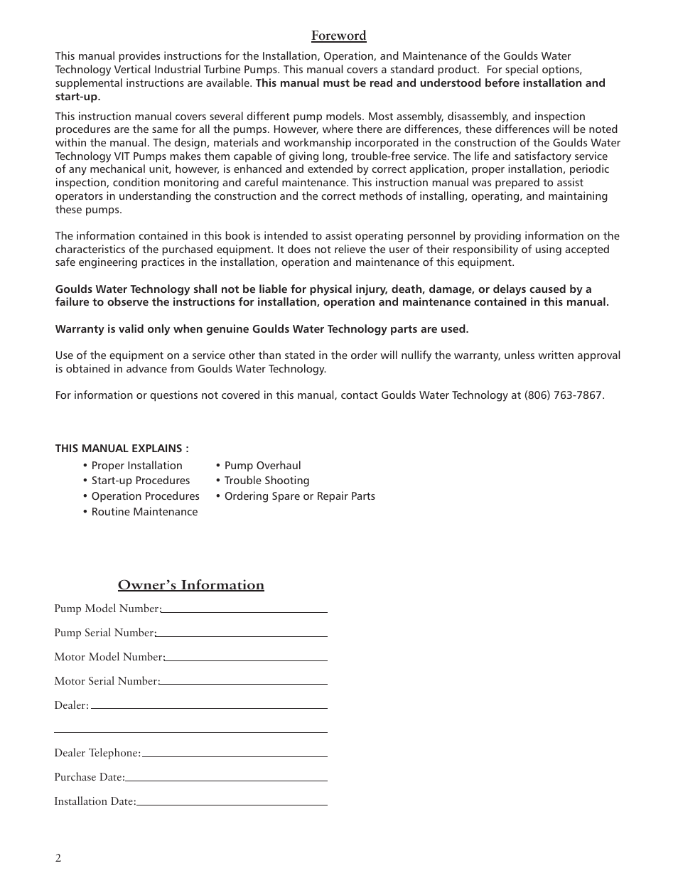 Xylem IMVIT R01 Model VIT Vertical Industrial Turbine Pumps User Manual | Page 2 / 72