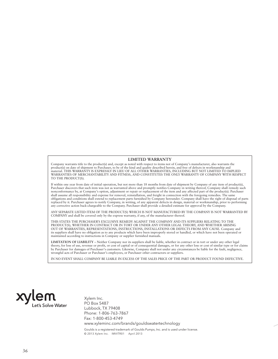 Limited warranty | Xylem IMVIT R01 Model VIT Vertical Industrial Turbine Pumps User Manual | Page 36 / 72