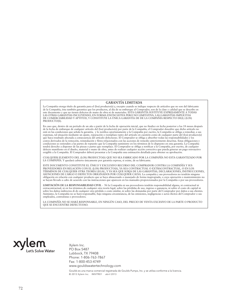 Garantía limitada | Xylem IMVIT R01 Model VIT Vertical Industrial Turbine Pumps User Manual | Page 72 / 72