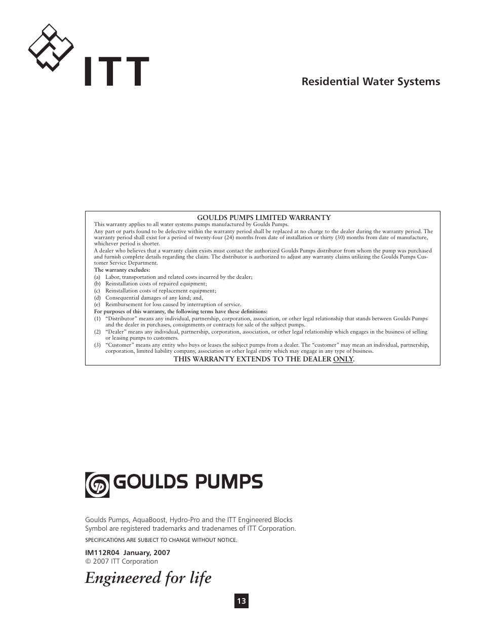 It t, Engineered for life | Xylem IM112 AquaBoost 1AB1 & 2AB1 Variable Speed Pump Controllers User Manual | Page 13 / 40