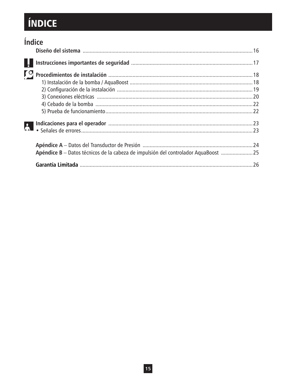 Índice | Xylem IM112 AquaBoost 1AB1 & 2AB1 Variable Speed Pump Controllers User Manual | Page 15 / 40