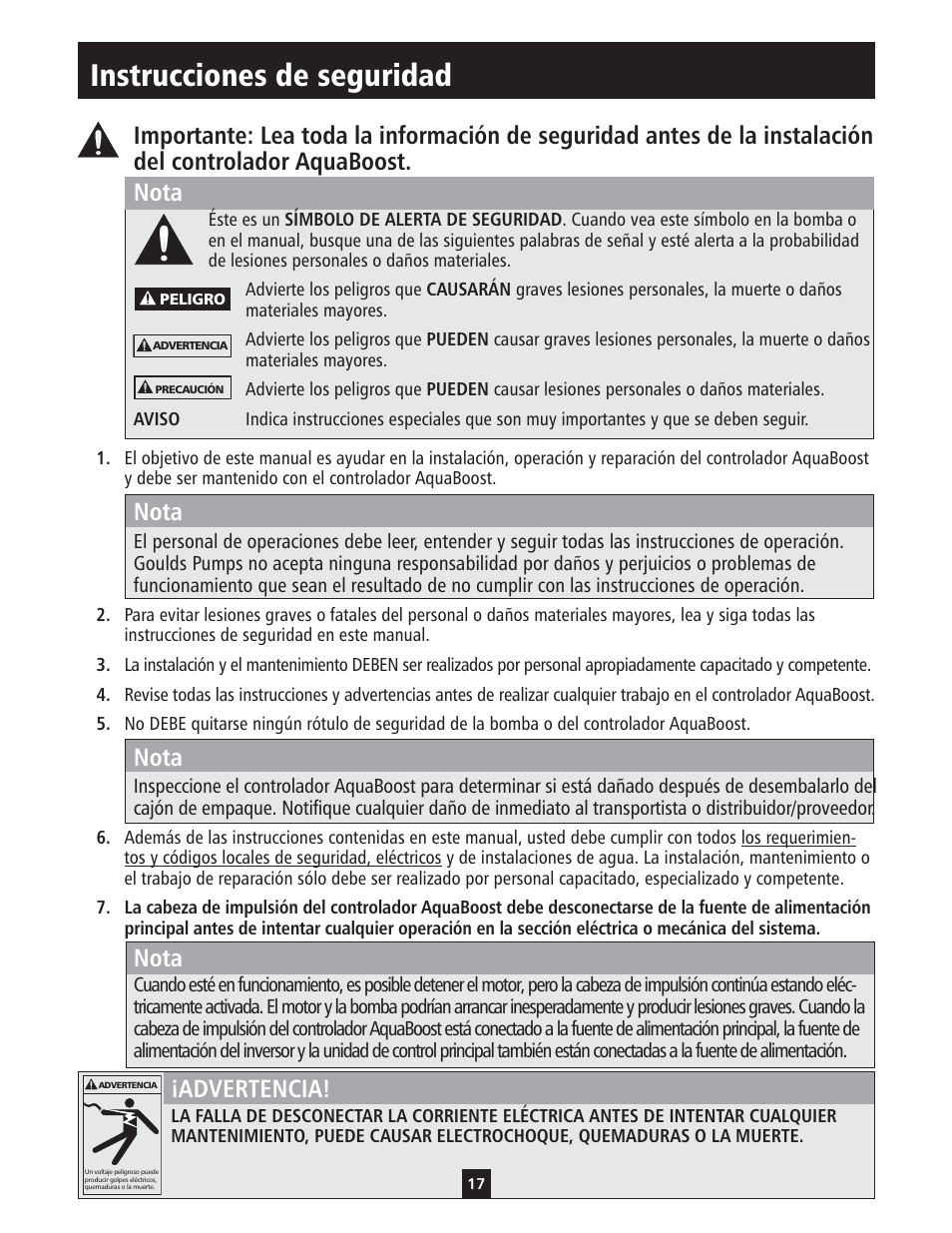 Instrucciones de seguridad, Nota, Advertencia | Xylem IM112 AquaBoost 1AB1 & 2AB1 Variable Speed Pump Controllers User Manual | Page 17 / 40