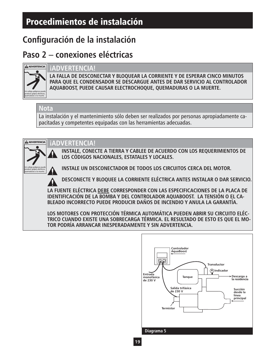 Procedimientos de instalación, Advertencia, Nota | Xylem IM112 AquaBoost 1AB1 & 2AB1 Variable Speed Pump Controllers User Manual | Page 19 / 40