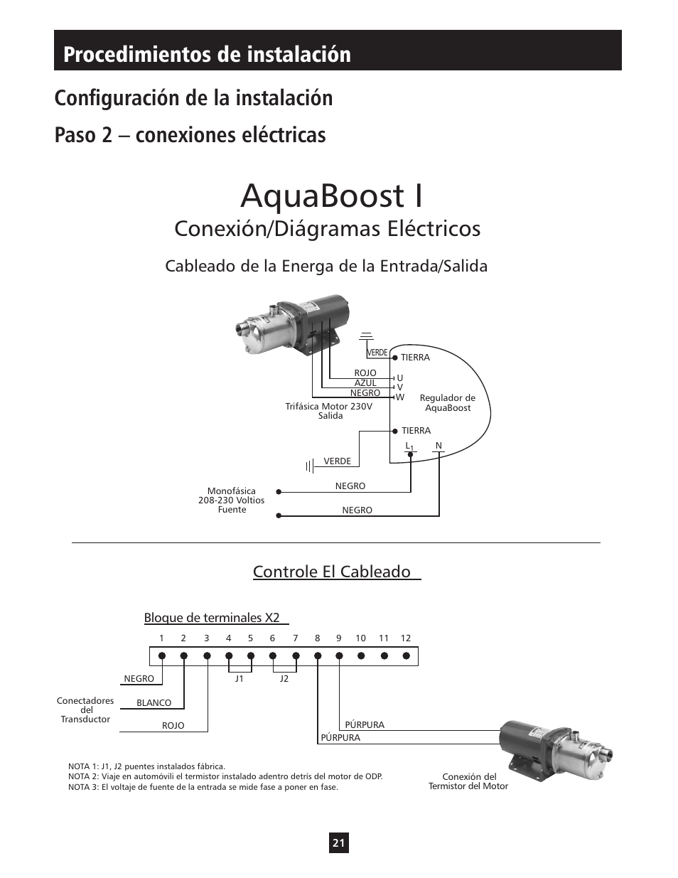 Aquaboost i, Conexión/diágramas eléctricos | Xylem IM112 AquaBoost 1AB1 & 2AB1 Variable Speed Pump Controllers User Manual | Page 21 / 40