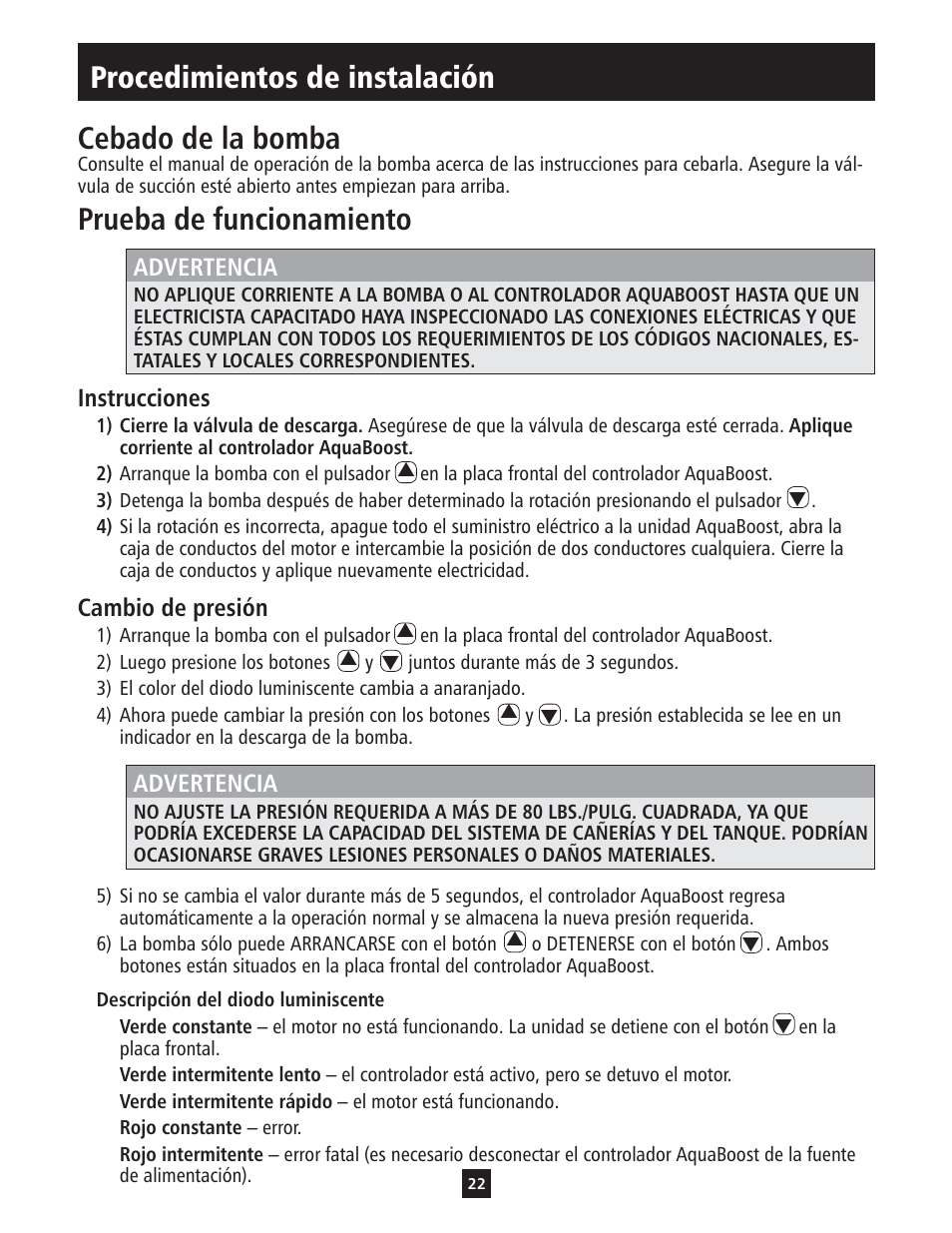 Cebado de la bomba, Prueba de funcionamiento, Procedimientos de instalación | Xylem IM112 AquaBoost 1AB1 & 2AB1 Variable Speed Pump Controllers User Manual | Page 22 / 40