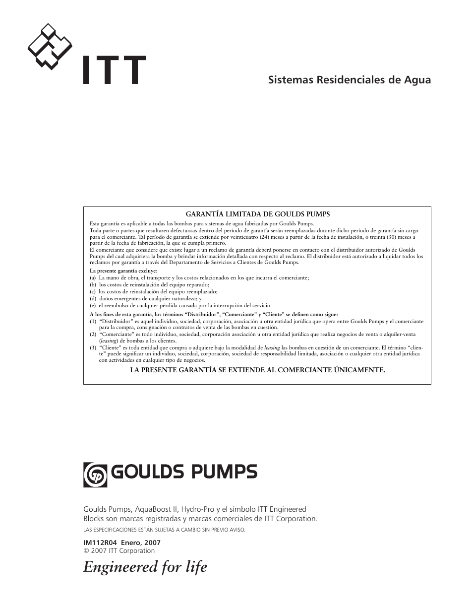 It t, Engineered for life, Sistemas residenciales de agua | Xylem IM112 AquaBoost 1AB1 & 2AB1 Variable Speed Pump Controllers User Manual | Page 26 / 40