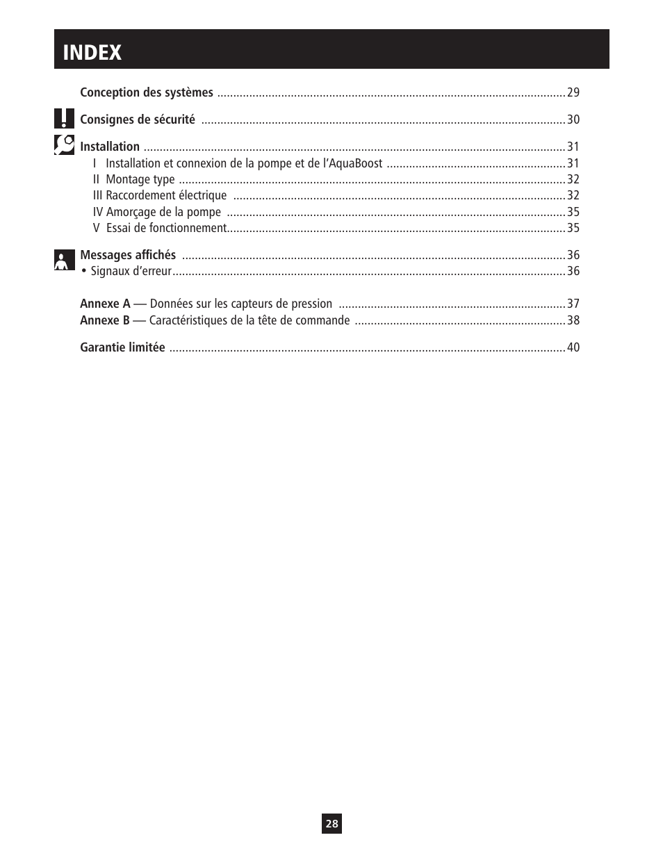 Index | Xylem IM112 AquaBoost 1AB1 & 2AB1 Variable Speed Pump Controllers User Manual | Page 28 / 40