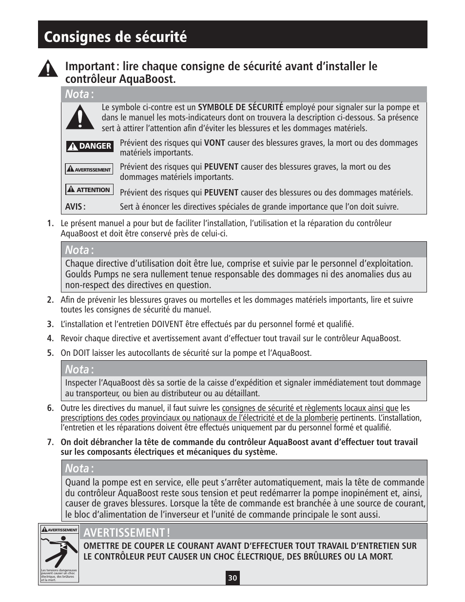 Consignes de sécurité, Nota, Avertissement | Xylem IM112 AquaBoost 1AB1 & 2AB1 Variable Speed Pump Controllers User Manual | Page 30 / 40