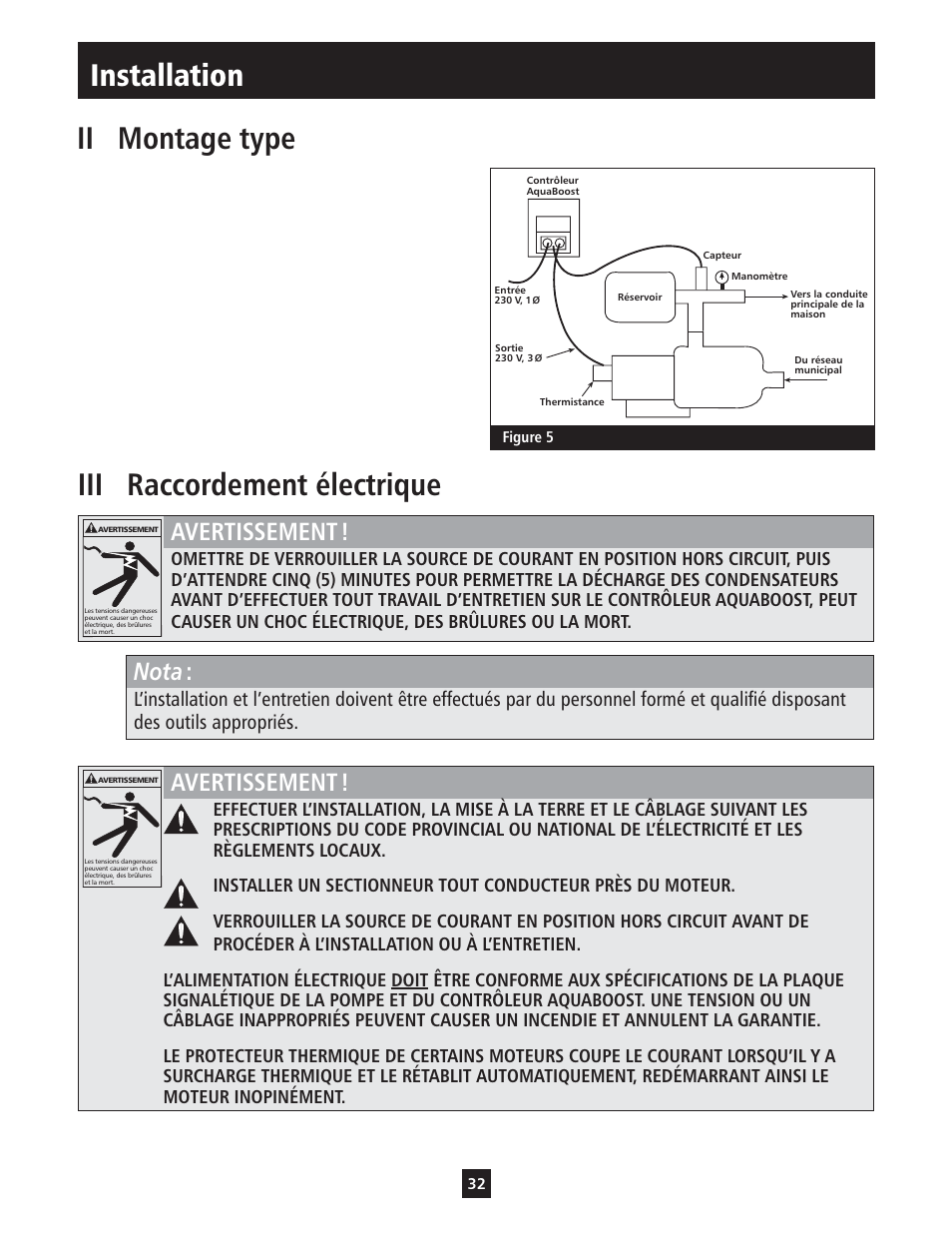 Installation, Iii raccordement électrique, Ii montage type | Avertissement, Nota | Xylem IM112 AquaBoost 1AB1 & 2AB1 Variable Speed Pump Controllers User Manual | Page 32 / 40