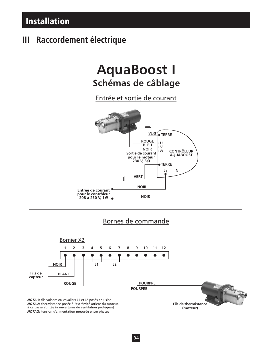 Aquaboost i, Iii raccordement électrique installation, Schémas de câblage | Entrée et sortie de courant bornes de commande | Xylem IM112 AquaBoost 1AB1 & 2AB1 Variable Speed Pump Controllers User Manual | Page 34 / 40