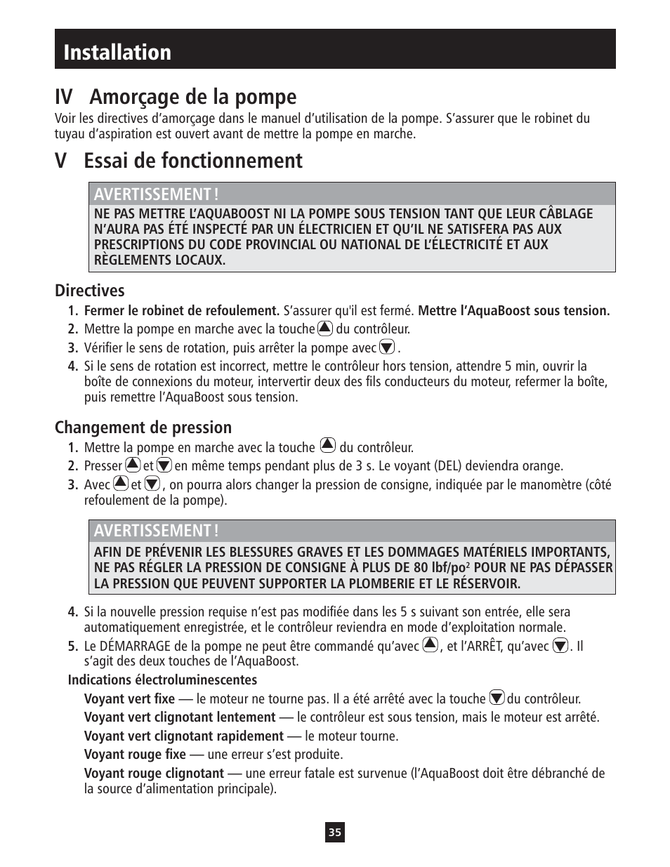 Iv amorçage de la pompe, V essai de fonctionnement, Installation | Xylem IM112 AquaBoost 1AB1 & 2AB1 Variable Speed Pump Controllers User Manual | Page 35 / 40