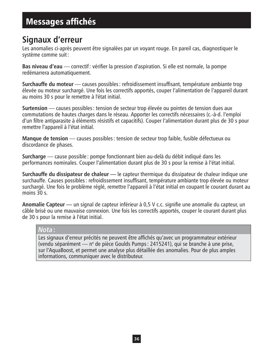 Messages affi chés signaux d’erreur | Xylem IM112 AquaBoost 1AB1 & 2AB1 Variable Speed Pump Controllers User Manual | Page 36 / 40