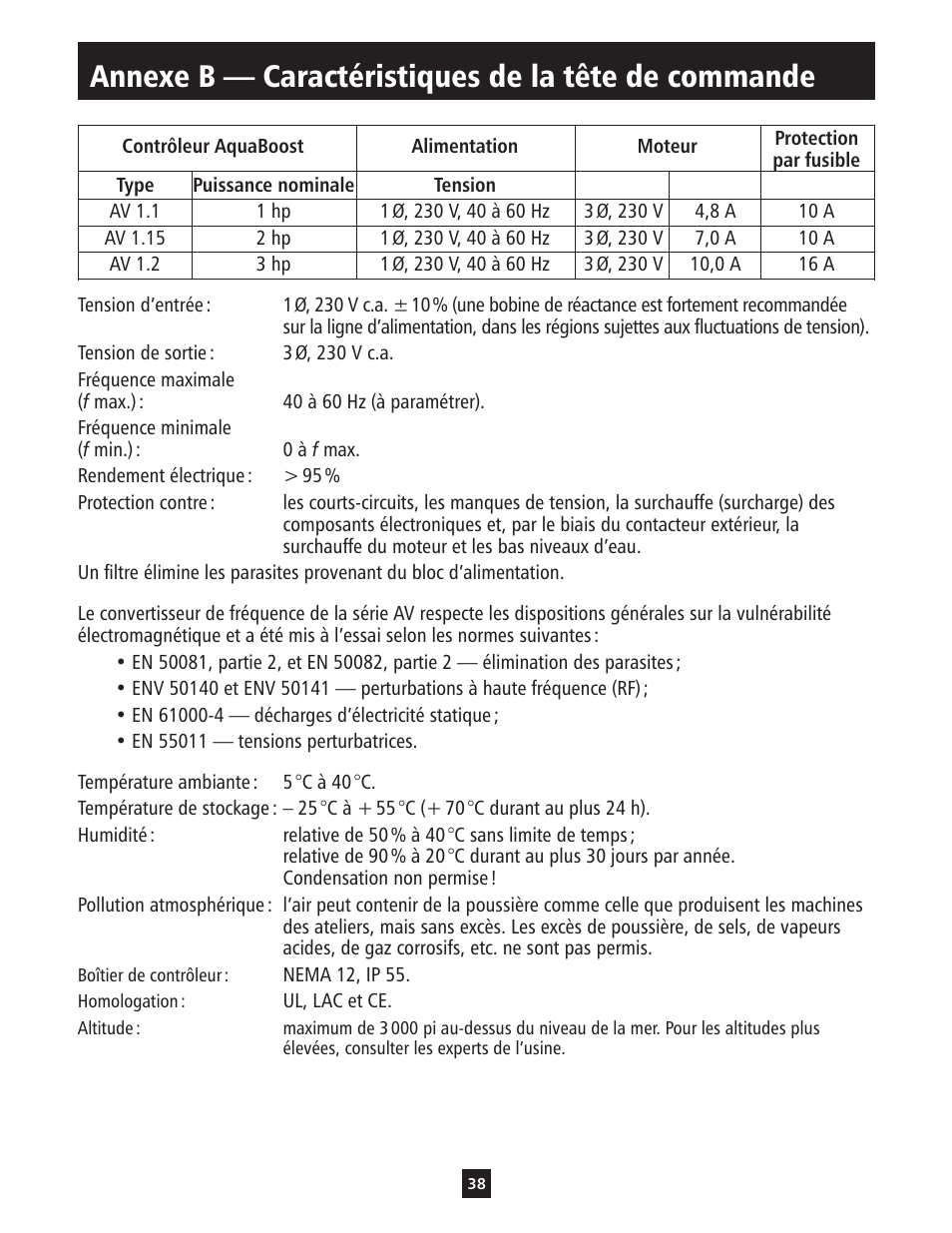Annexe b — caractéristiques de la tête de commande | Xylem IM112 AquaBoost 1AB1 & 2AB1 Variable Speed Pump Controllers User Manual | Page 38 / 40