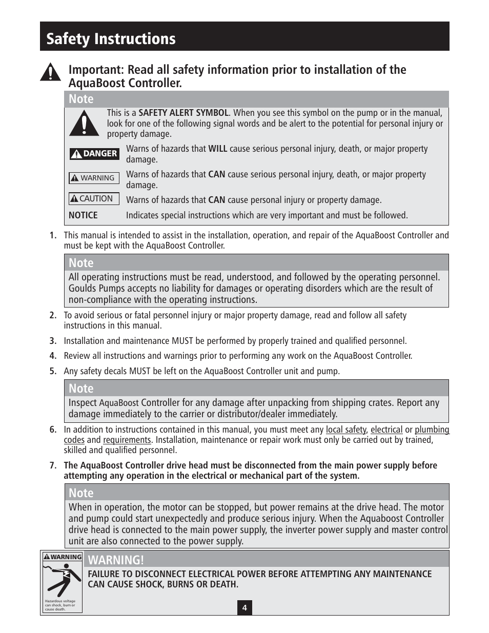 Safety instructions, Warning | Xylem IM112 AquaBoost 1AB1 & 2AB1 Variable Speed Pump Controllers User Manual | Page 4 / 40