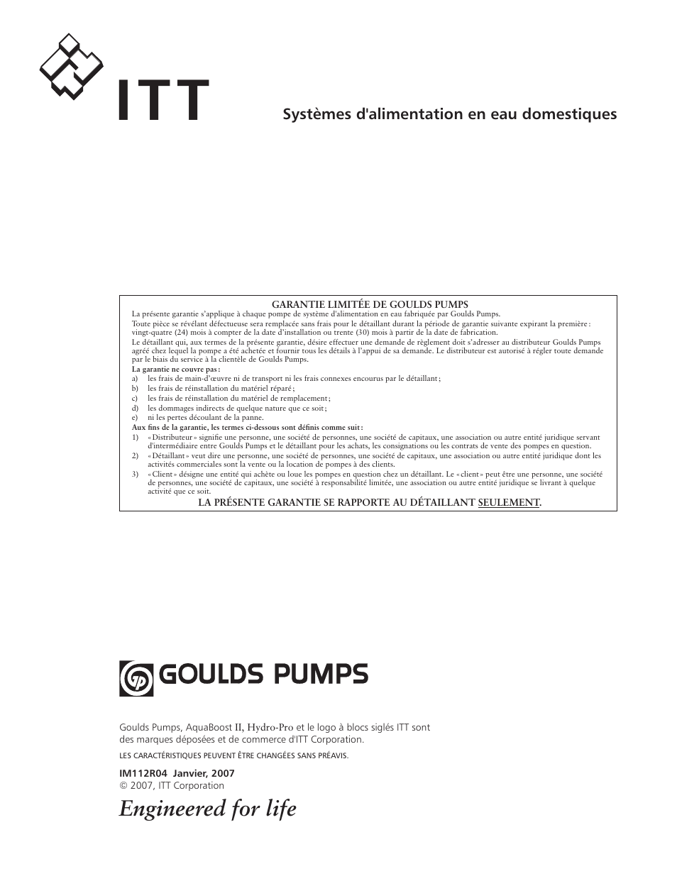 It t, Engineered for life, Systèmes d'alimentation en eau domestiques | Xylem IM112 AquaBoost 1AB1 & 2AB1 Variable Speed Pump Controllers User Manual | Page 40 / 40