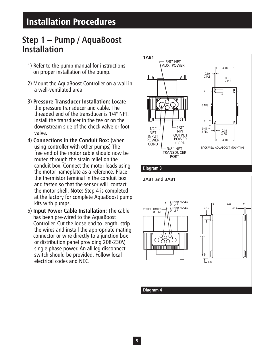 Step 1 – pump / aquaboost installation, Installation procedures | Xylem IM112 AquaBoost 1AB1 & 2AB1 Variable Speed Pump Controllers User Manual | Page 5 / 40