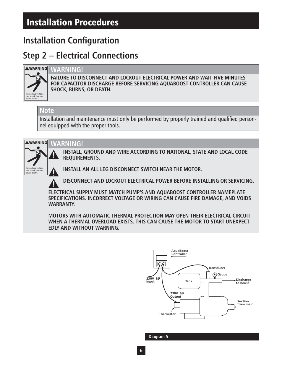Installation procedures, Warning | Xylem IM112 AquaBoost 1AB1 & 2AB1 Variable Speed Pump Controllers User Manual | Page 6 / 40