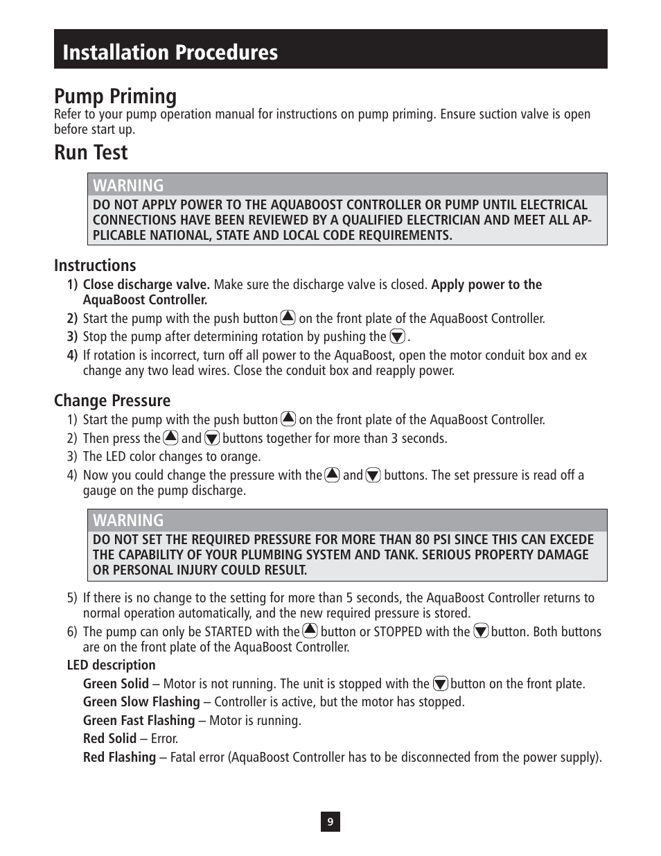 Pump priming, Run test, Installation procedures | Xylem IM112 AquaBoost 1AB1 & 2AB1 Variable Speed Pump Controllers User Manual | Page 9 / 40