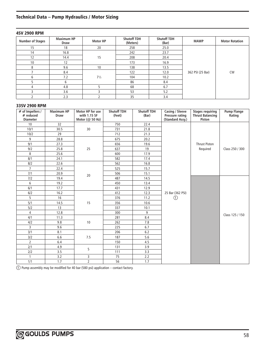 Technical data – pump hydraulics / motor sizing | Xylem GLSSV2 SSV Series Vertical Multi-Stage Pumps D1 User Manual | Page 60 / 68