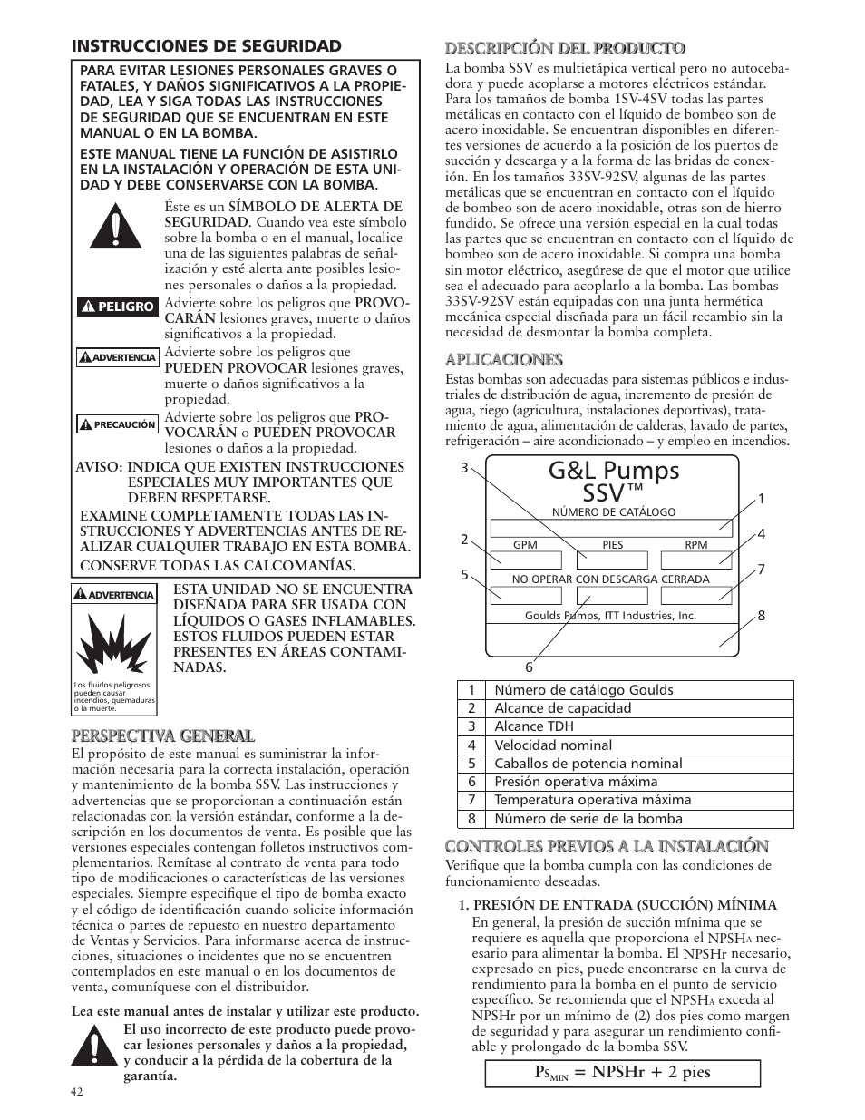 G&l pumps ssv, Instrucciones de seguridad, Npshr + 2 pies | Xylem IM018 R07 G&L SERIES MODEL SSV User Manual | Page 42 / 56