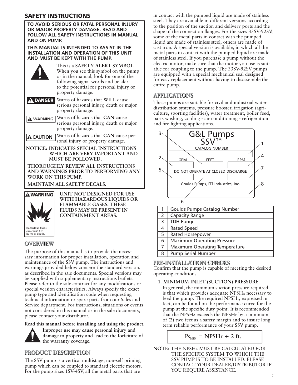 G&l pumps ssv | Xylem IM018 R07 G&L SERIES MODEL SSV User Manual | Page 5 / 56