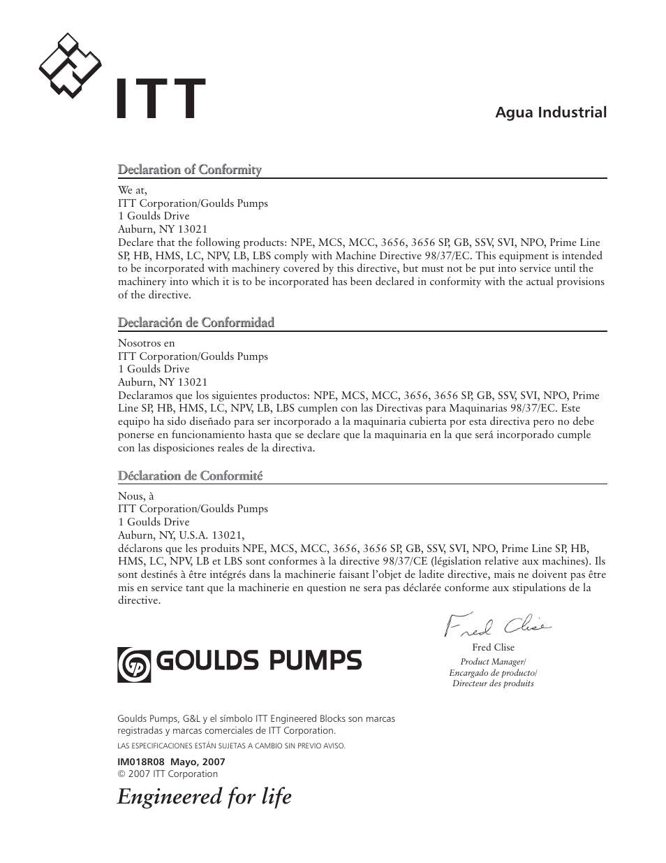 It t, Engineered for life | Xylem IM018 R07 G&L SERIES MODEL SSV User Manual | Page 56 / 56