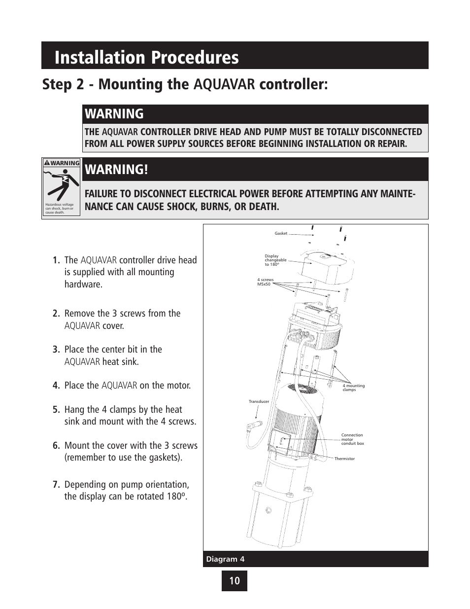 Installation procedures, Step 2 - mounting the aquavar controller, Warning | Xylem IM043 AQUAVAR Variable Speed Pump Control User Manual | Page 11 / 84
