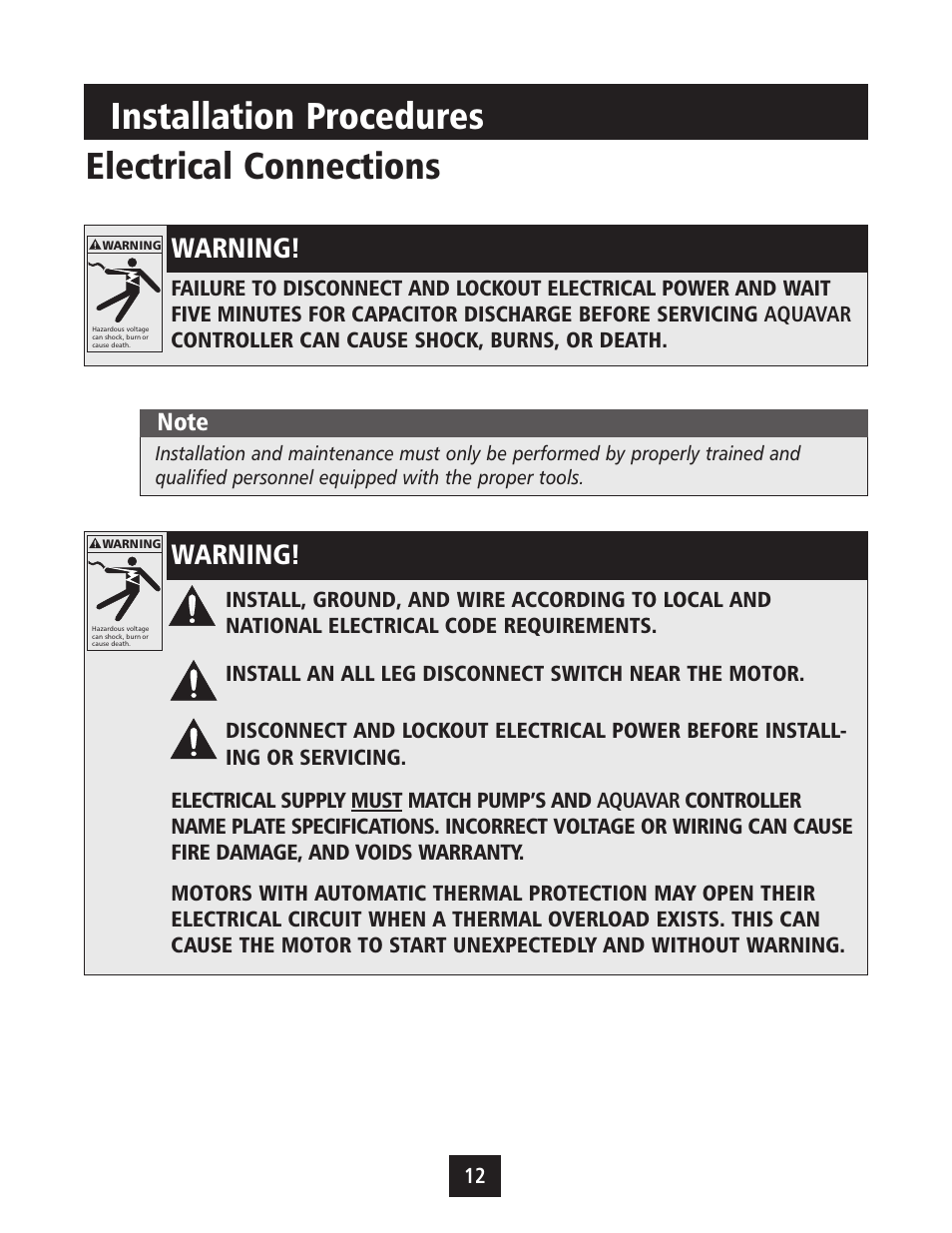 Electrical connections installation procedures, Warning | Xylem IM043 AQUAVAR Variable Speed Pump Control User Manual | Page 13 / 84