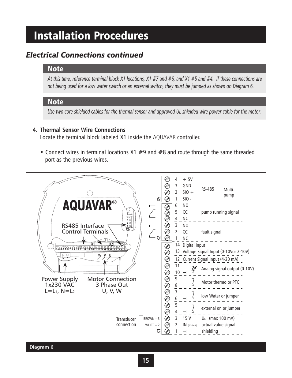 Aquavar, Installation procedures, Electrical connections continued | U, v, w | Xylem IM043 AQUAVAR Variable Speed Pump Control User Manual | Page 16 / 84