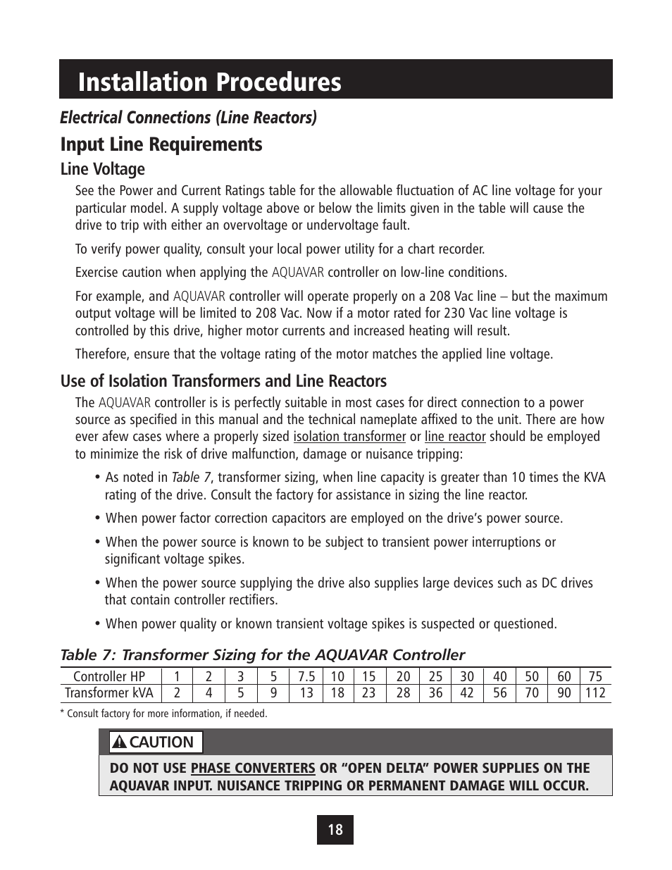 Installation procedures, Input line requirements | Xylem IM043 AQUAVAR Variable Speed Pump Control User Manual | Page 19 / 84