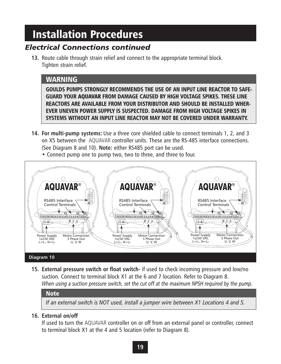 Installation procedures, Aquavar, Electrical connections continued | Warning | Xylem IM043 AQUAVAR Variable Speed Pump Control User Manual | Page 20 / 84