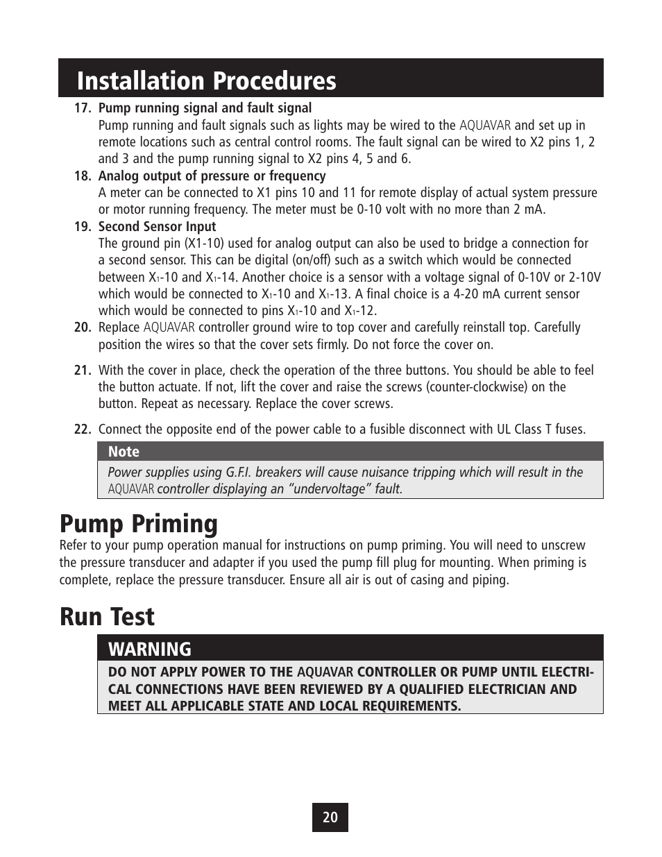Pump priming, Run test installation procedures, Warning | Xylem IM043 AQUAVAR Variable Speed Pump Control User Manual | Page 21 / 84