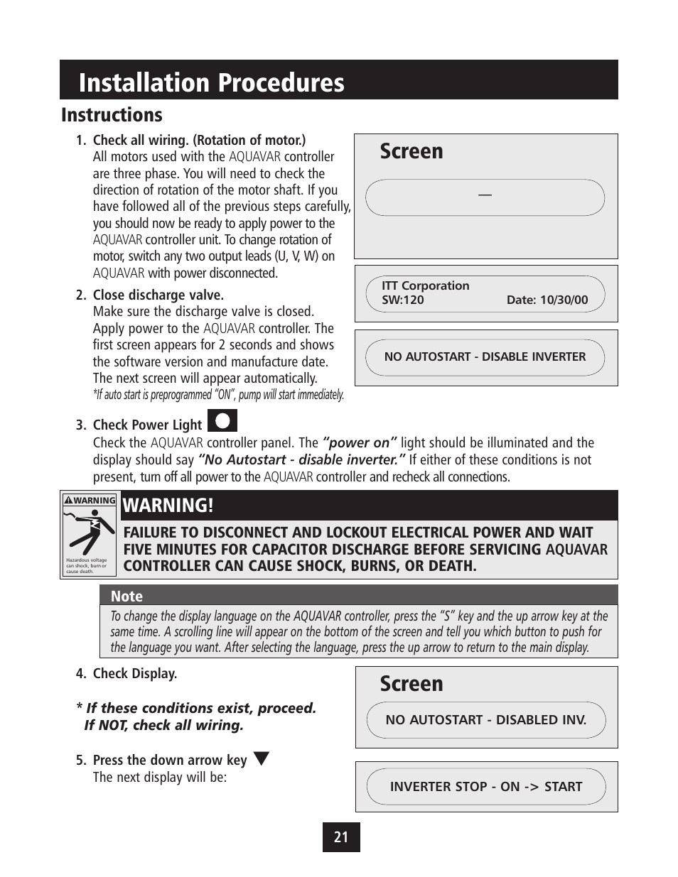 Installation procedures, Screen, Instructions | Warning | Xylem IM043 AQUAVAR Variable Speed Pump Control User Manual | Page 22 / 84
