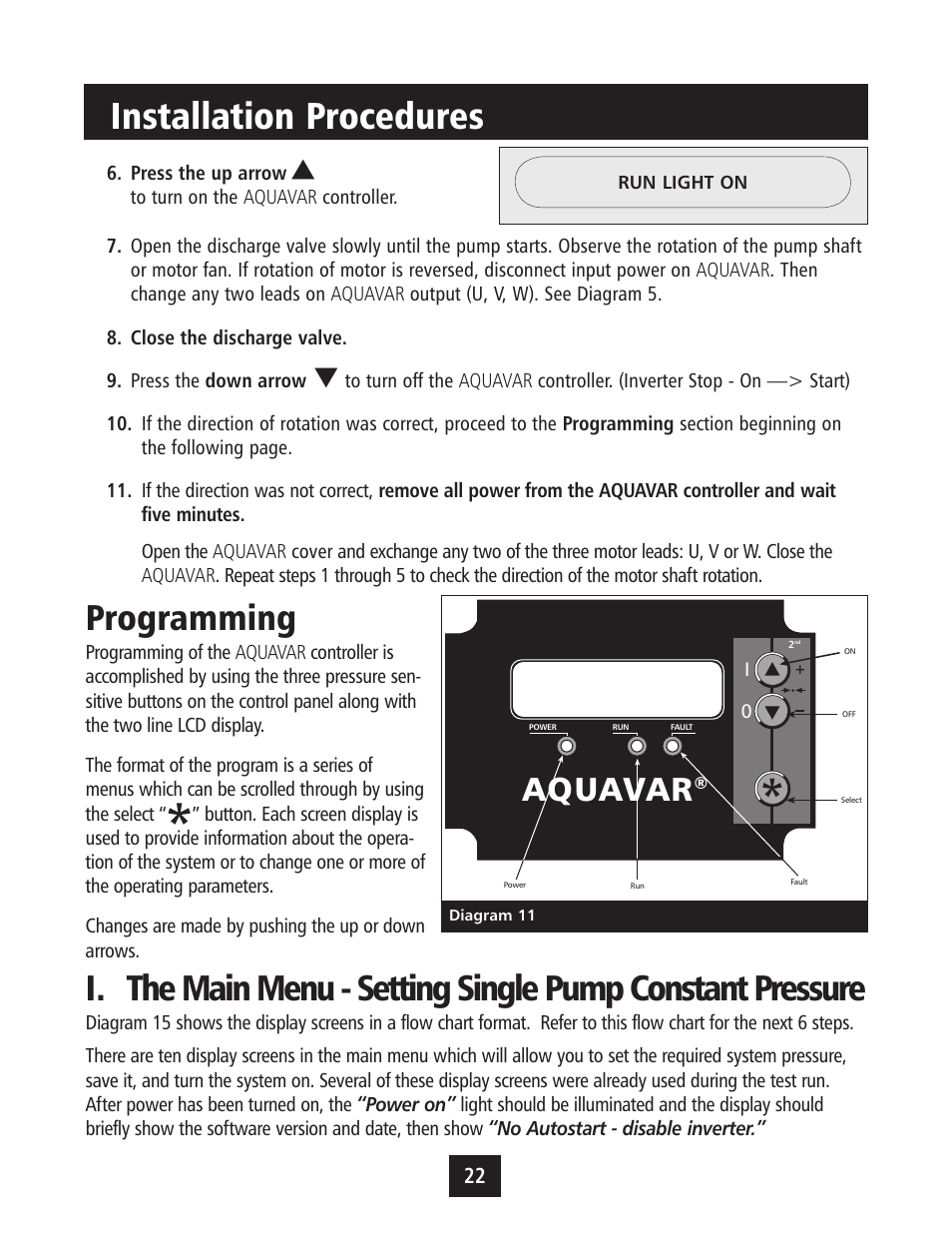 Installation procedures, Programming, Aquavar | Xylem IM043 AQUAVAR Variable Speed Pump Control User Manual | Page 23 / 84
